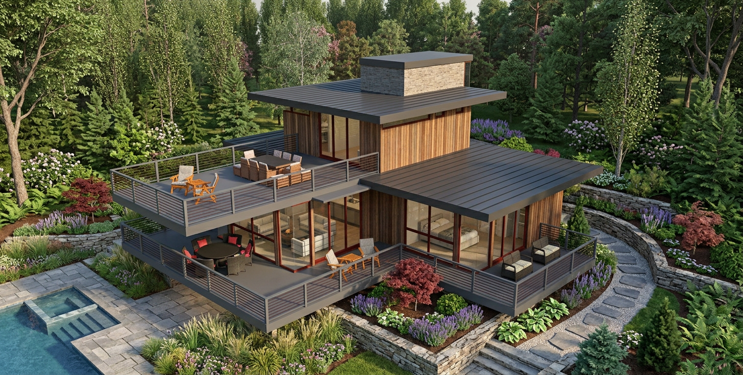 Enhanced house exterior with natural landscaping Enhanced house exterior with natural landscaping