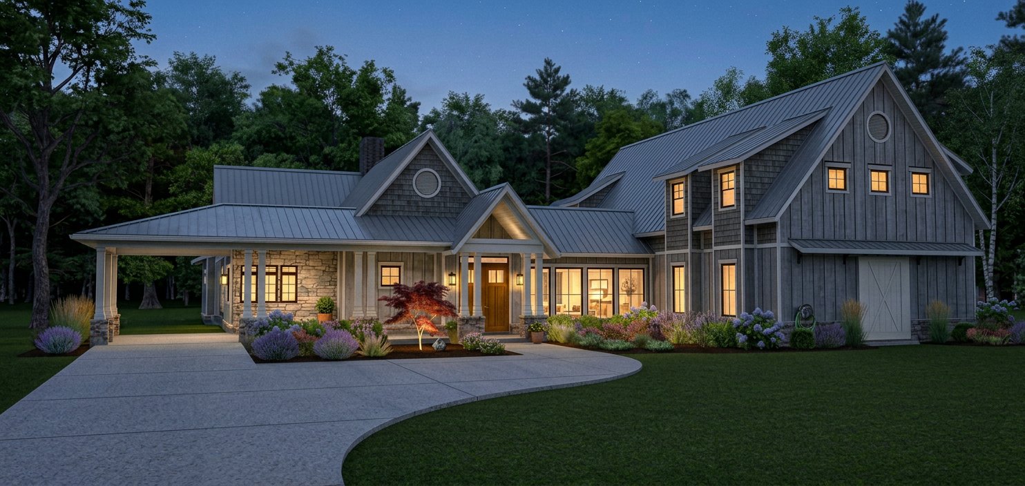 Dusk lighting with gently winding driveway Dusk lighting with gently winding driveway