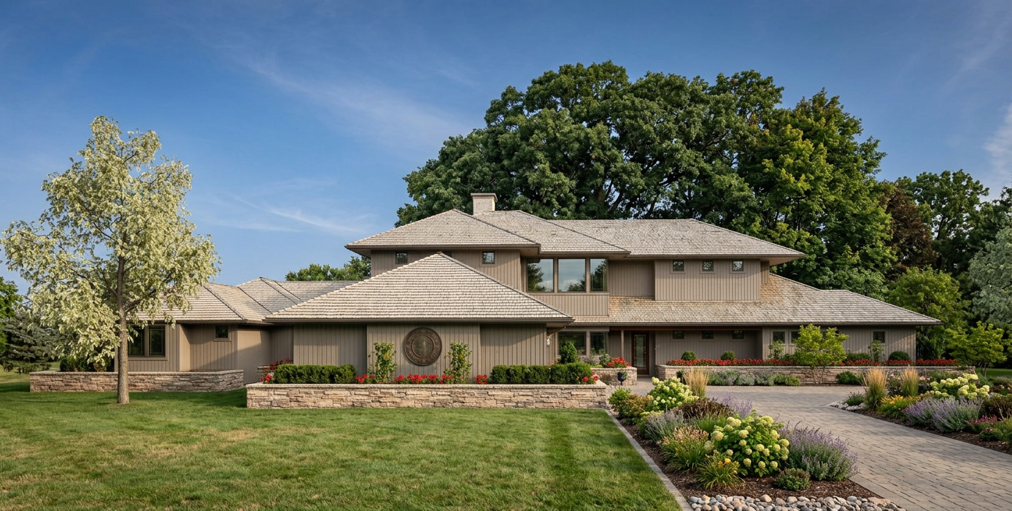 Photorealistic driveway landscaping with large background tree Photorealistic driveway landscaping with large background tree
